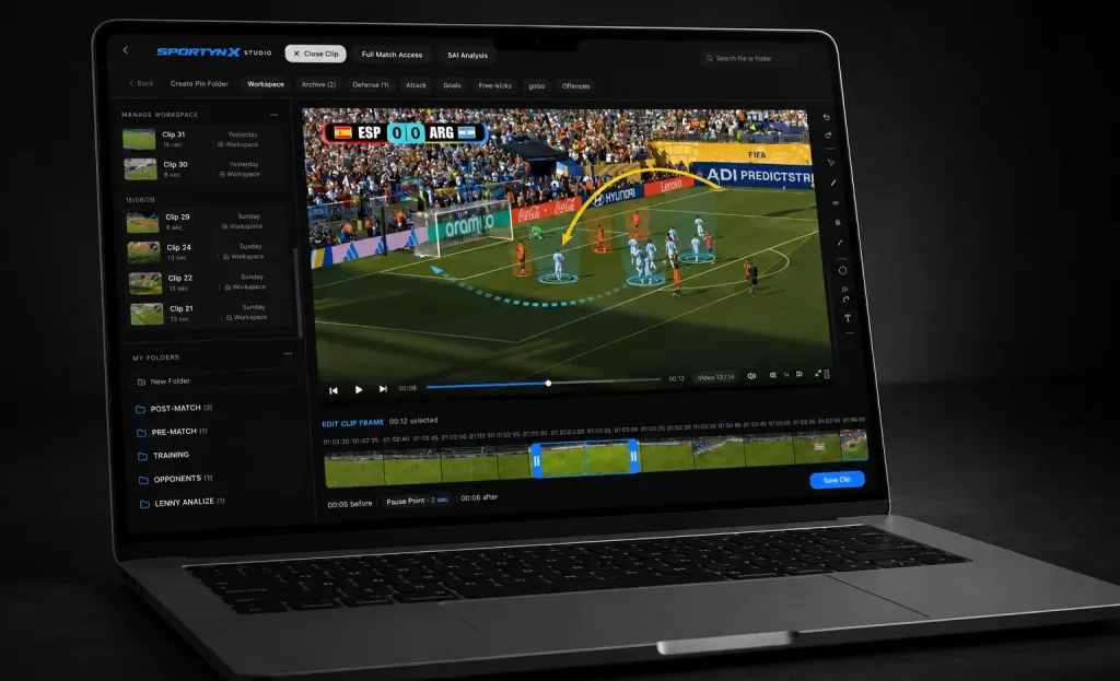 SportynX Studio sports video analysis tool showing tactical drawings on match footage