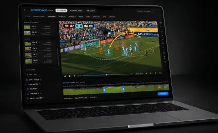 SportynX Studio sports video analysis tool showing tactical drawings on match footage
